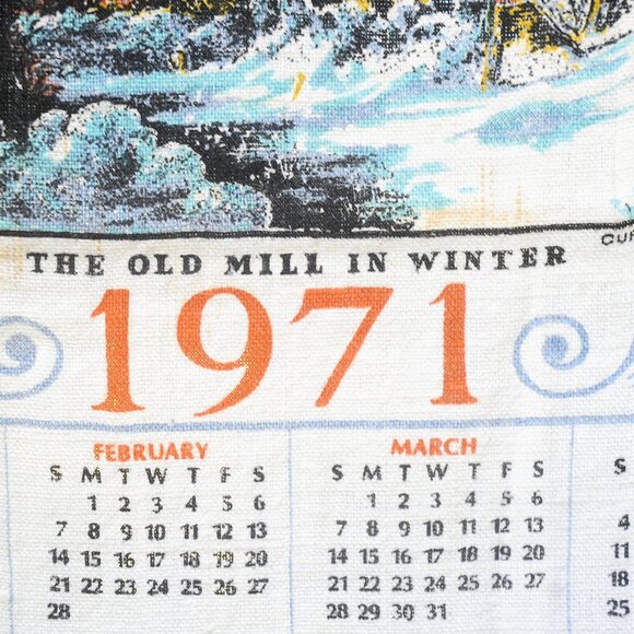Vintage 1971 Linen Calendar Towel 'Old Mill in Winter' Currier & Ives Watermill - Picture 5 of 8
